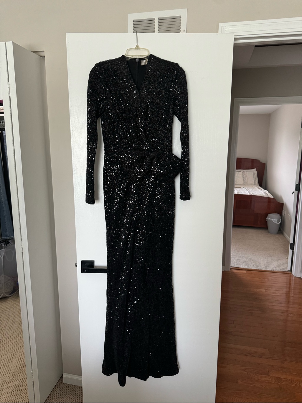 Rebecca Vallance Black Sequin Long-Sleeve Gown